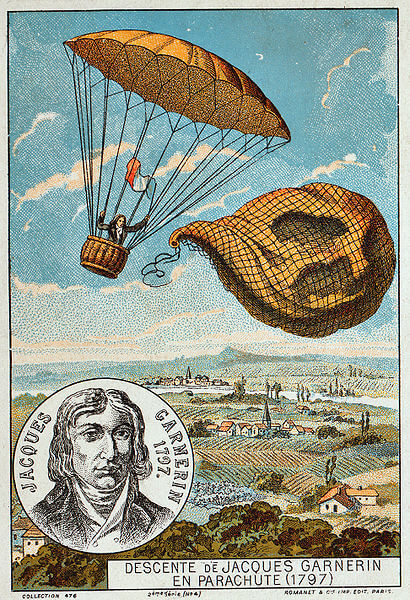 Postcard depicting the first parachute jump in history - by André-Jacques Grenrin on October 22, 1797. From Wikipedia