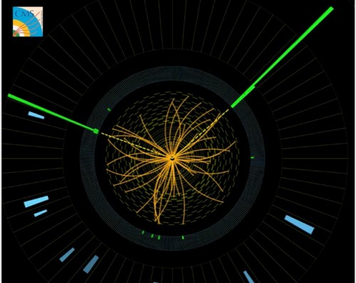 ייתכן ונוצר חלקיק היגס שמיד דעך ליצירת שני פוטונים. העקבות שלהם (בירוק) ניתנים לגילוי בעזרת גלאי ה- CMS. [http://cds.cern.ch/record/1459459]