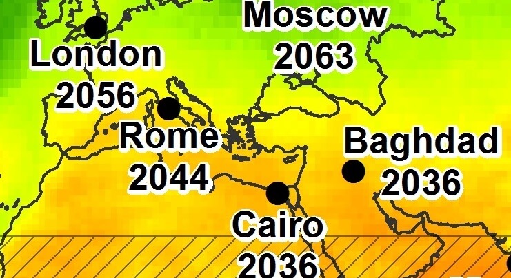 הגדלת איזור הים התיכון במפת התחזית להשפעת ההתחממות.