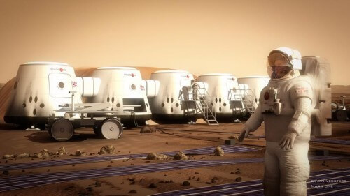 Astronaut in the first future manned colony on Mars. Artist drawing: Mars One Company