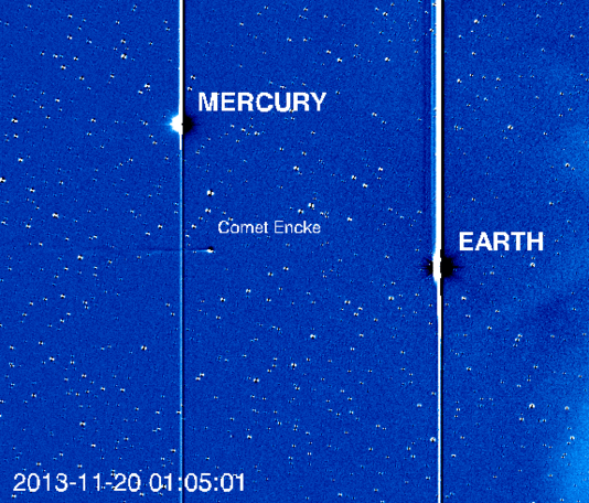 צילום מתוך מצלמה שמחוברת לחללית מחקר של נאסא שחוקרת את רוח השמש בשם STEREO-A spacecraft. בצד שמאל ניתן לראות את השביט אייסון נכנס לשדה הראיה של המצלמה. המצלמה קלטה שביט קטן נוסף שעובר ליד השמש, השביט אנקה (נע במרכז התמונה). חוץ מהשביטים רואים בתמונה את כדור הארץ ואת "כוכב חמה" (מרקורי) שמחזירים את אור השמש בעוצמה כה חזקה עד שהם יוצרים קו אנכי של אור בקולטן האור של המצלמה. מצד ימין של הצילום אפשר לראות מעין ערפל בהיר שנע שמאלה, זהו אינו ערפל אלא רוח השמש, חלקיקים טעונים שנפלטים במהירות גבוהה מהשמש (שנמצאת בצד ימין מחוץ לתמונה). אפשר לראות כיצד רוח השמש היא זו שמסיתה את זנבות השביטים אחורה. הצילום הזה מורכב מסדרת תמונות שנלקחו כל שעה במשך 24 שעות בתאריך 20.11.13, מנקודת המבט של המצלמה והחללית נראה שכדוה"א יותר קרוב לשמש למרות שבפועל כוכב חמה הוא הקרוב יותר לשמש.