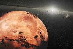תמונת אמן של מאדים, ואסטרואידים חולפים לידו. צילום: נאס"א