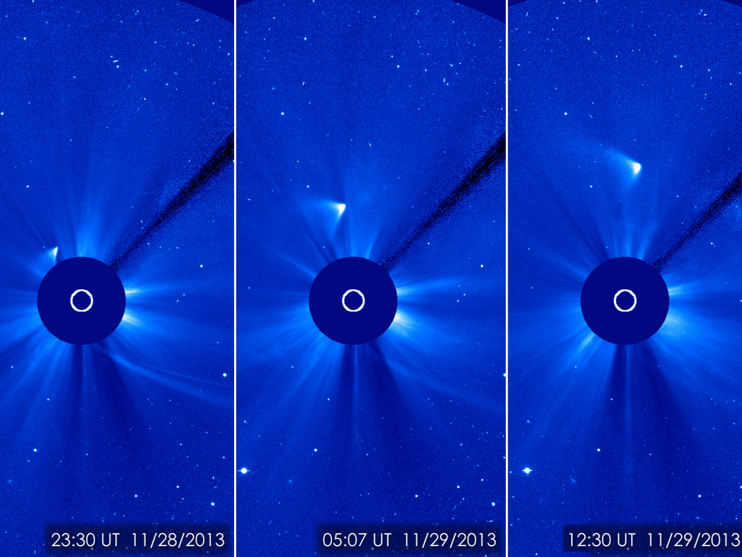 The remains of Comet Ison, as photographed by the Soho spacecraft of NASA and the European Space Agency the day after perihelion.