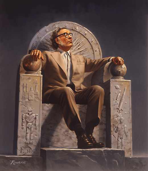 Isaac Asimov on a throne full of hints about his works. From Wikipedia. GNU license (link to image)