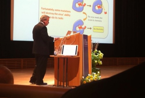 Prof. Warshel in his Nobel lecture, 8.12.13. Photo: Avi Blizovsky