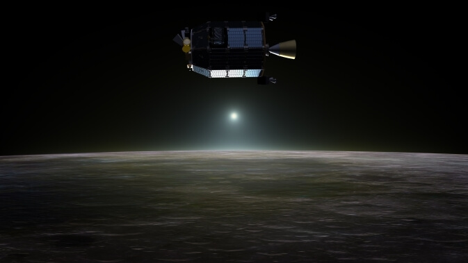 Artist's impression of the Lunar Atmosphere and Dust Environment Explorer (LADEE) orbiting the Moon as the dust scatters the light during a lunar eclipse. Image: NASA