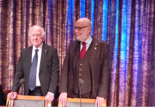 On the right: Prof. Francois Englert and Prof. Peter Higgs, 2013 Nobel Prize laureates in physics at a press conference prior to the awarding of the Nobel Prize, the building of the Swedish Academy of Sciences 7.12.2013. Photo: Avi Blizovsky