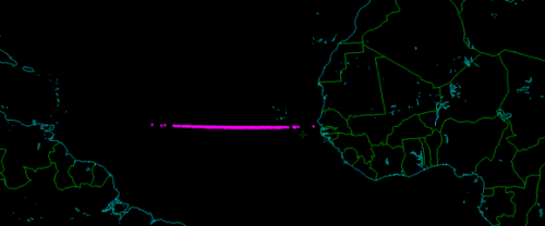نموذج احتمالي لمسار الكويكب 2014 AA الذي دخل الغلاف الجوي جنوب جزر الرأس الأخضر. تصوير مبادرات الكويكب، LLC