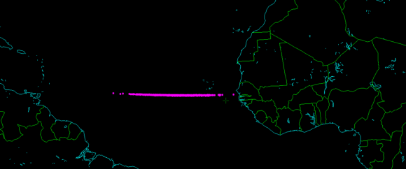 תבנית הסתברותית של מסלולו של האסטרואיד 2014 AA שנכנס לאטמוספירה דרומית לאיי כף ורדה. צילום Asteroid Initiatives, LLC