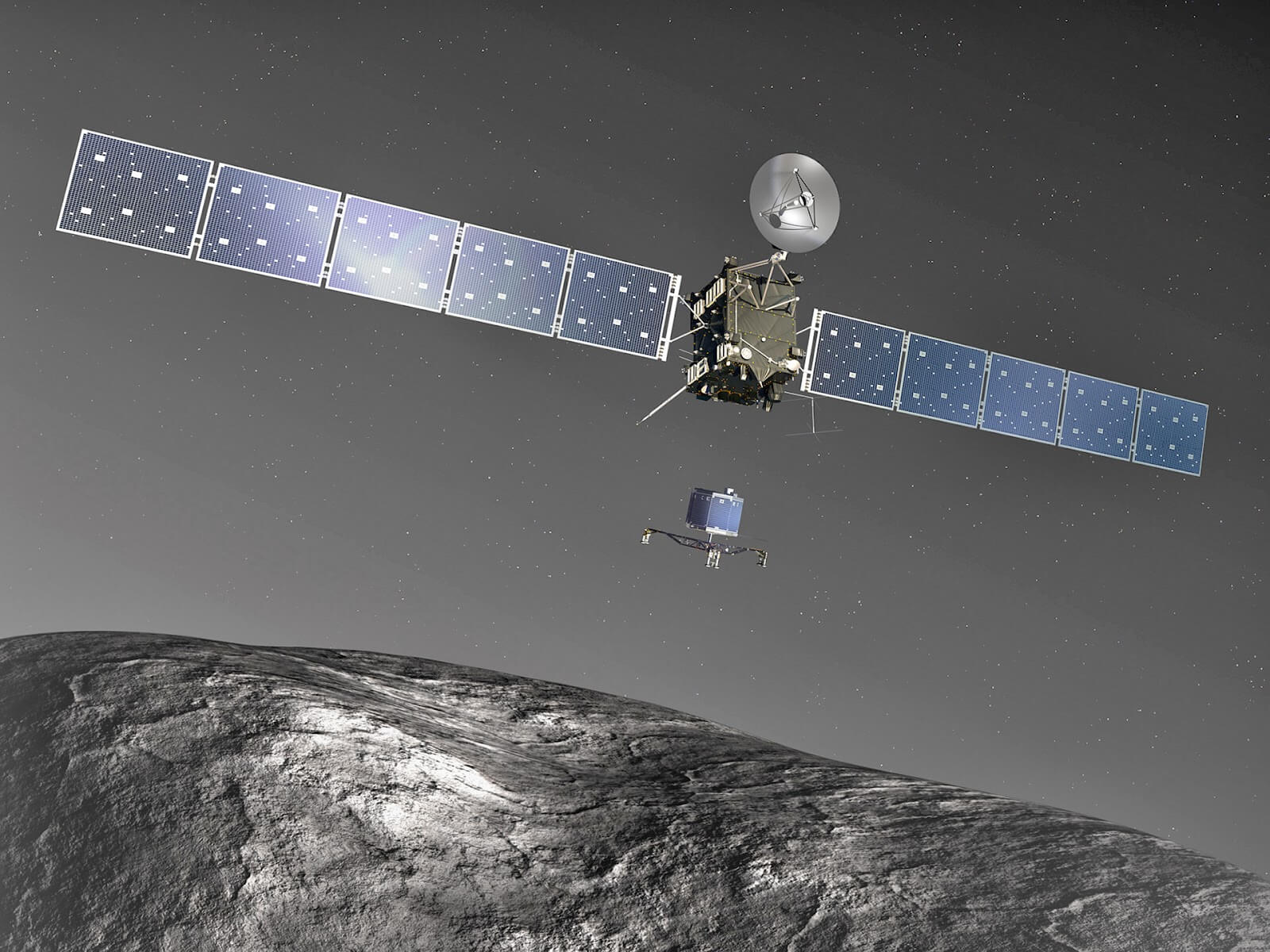 A simulation of the Paley lander leaving the Rosetta spacecraft to land on the mission. Figure: European Space Agency
