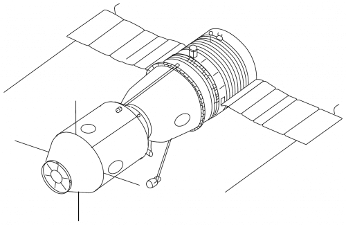 שרטוט של  חללית סויוז מימיו הראשונים של הפרויקט