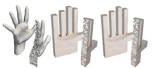 Figure 3: Deformation of a palm model (left). Using the standard morphing algorithm (center) leads to large distortions (in red) and inversions (in yellow). A deformation model with constraints on the size of the deformation can create a similar copy without inversions and with a blocked deformation (right)