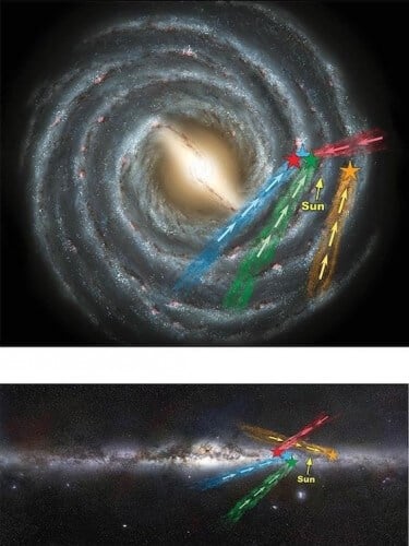 Stars are running away. Graphics: Julie Turner, the image of the galaxy from above is from NASA and the horizontal image - from the European Southern Observatory