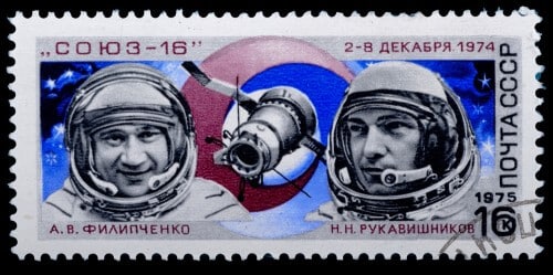 Stamp commemorating the Soyuz 16 spacecraft. Neveshkin Nikolay / Shutterstock.com Stamp commemorating the Soyuz 16 spacecraft. Neveshkin Nikolay / Shutterstock.com