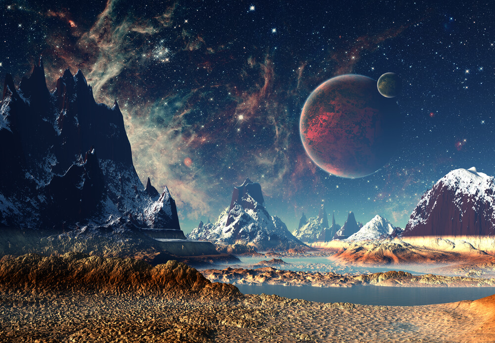 Mountains and a moon on an Earth-like planet. Illustration: shutterstock