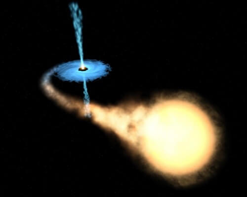 ציור של חור שחור במערכת כפולה. גז מהכוכב השני במערכת נמשך אל החור השחור ופולט קרני X (קרדיט: נאס"א).  