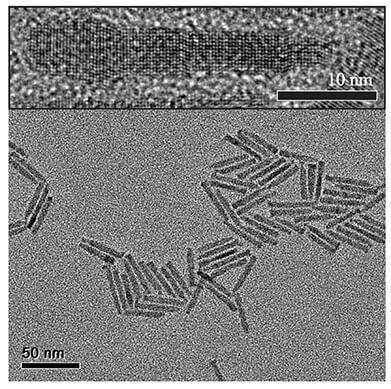 Nanocrystals that convert two low-energy photons into one high-energy photon, under an electron microscope