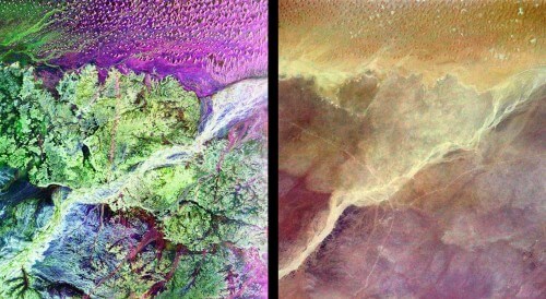 A section of the southern deserts of the Arabian Peninsula in the state of Oman. On the left - a radar image of the surroundings of the lost city of Ubar. On the right, enhanced enhanced images taken by astronauts from one of the space shuttles. Photo: NASA/JPL.