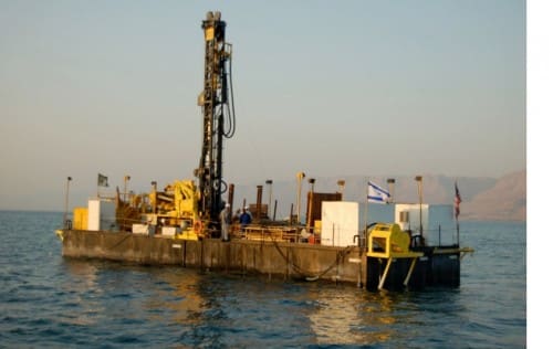 A drilling ship that was used to extract soil cores from under the Dead Sea. Photo: Michael Lazar, University of Haifa