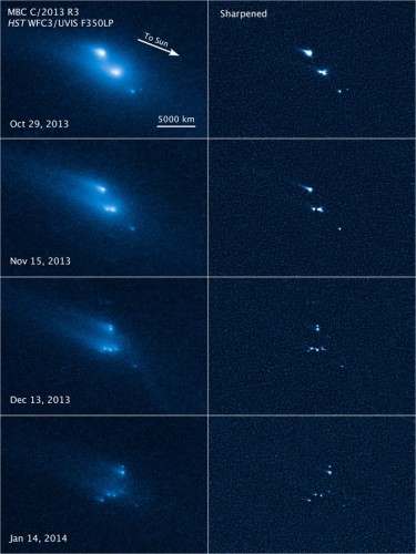 התפרקות האסטרואיד P/2013 R3  שלב אחרי שלב, כפי שצולמה מטלסקופ החלל האבל