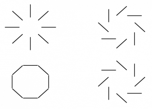 בתמונה:  גלי כבידה בתבנית E-modes נראים אותו הדבר גם כאשר הם משתקפים במראה. ואילו גלים בתבנית B-modes (מימין) אינם נראים אותו הדבר. איור: נתן מילר.