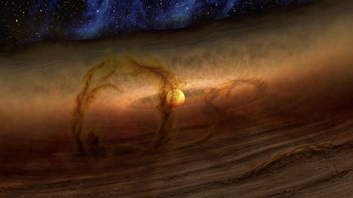לולאות מגנטיות נושאות גז ואבק מעל דיסקה ובה נוצרים כוכבי לכת המקיפה כוכבים כפי שניתן לראות בהדמיית אמן זו Credit: NASA/JPL-Caltech