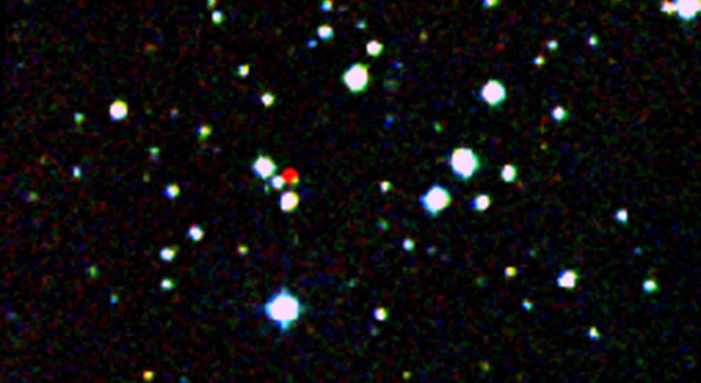 כוכב אדום בקרבת מערכת השמש כפי שצולם במצלמת הדור הבא של סקר השמים הדיגיטלי בעקבות סקר WISE. צילום: Credit: DSS/NASA/JPL-Caltech