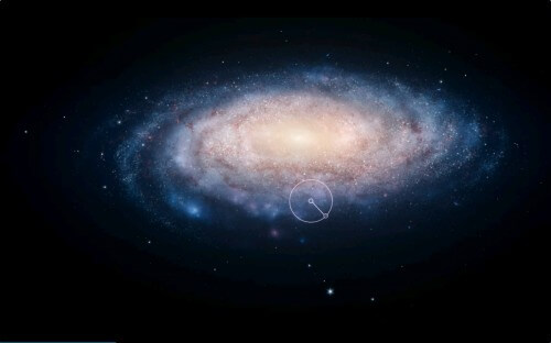 הקטע בעיגול מתאר את החלק של היקום שהיינו אמורים לראות אם הוא היה רק בן 6,500 שנה - המרחק בין מערכת השמש לערפילית הסרטן. צילום מסך מהסדרה קוסמוס, של רשת פוקס ונשיונל גיאוגרפיק