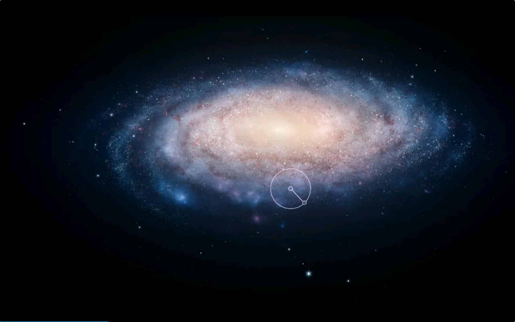 يصور القسم المحاط بدائرة الجزء من الكون الذي يجب أن نراه لو كان عمره 6,500 عام فقط، وهي المسافة بين النظام الشمسي وسديم السرطان. لقطة من مسلسل كوزموس التابع لشبكتي فوكس وناشيونال جيوغرافيك