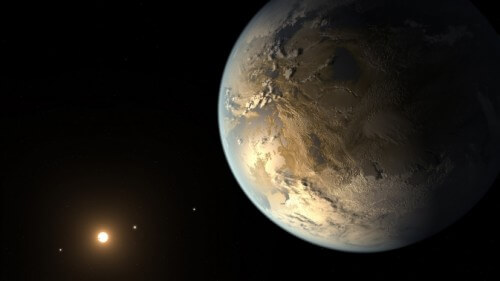 ציור אמן של כוכב הלכת Kepler-186f, כוכב הלכת הראשון שאושר הדומה בגודלו לכדור הארץ, ומסלולו נמצא באיזור החיים של מערכת השמש שלו. איור: מרכז איימס של נאס"א, מכון סט"י, JPL-קאלטק