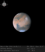 מאדים, כפי שצולם ב-6 במארס 2014 ע"י האסטרונום החובב מאוסטרליה אנטוני וסלי באמצעות טלסקופ 16 אינטש.