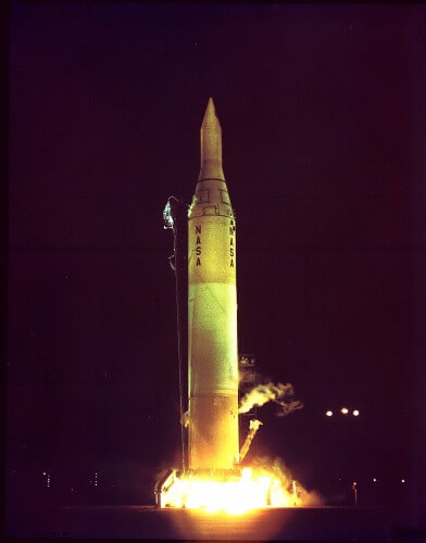 The launch of the Pioneer 4 spacecraft on a Juno 2 rocket, Cape Canaveral, 3/3/59. Photo: NASA