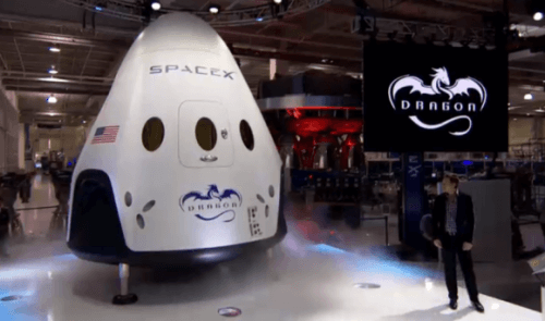 Elon Musk, CEO of SpaceX, unveils the Dragon V2 spacecraft, SpaceX's next-generation spacecraft designed to carry astronauts into space (Photo SpaceX).