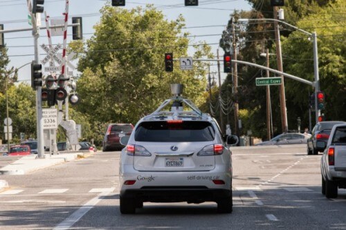 A driverless Google car is driving through the streets of Mountain View, California. Photo: Google