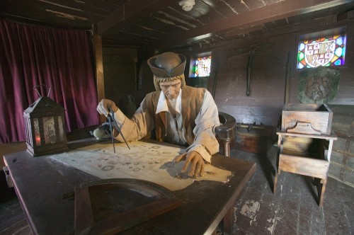 A model of Christopher Columbus in his cabin on a ship, in the Caravel Museum in Spain. Photo: shutterstock