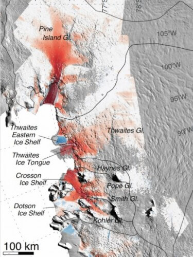 מפת תקריב של האיזור: אדום מציין איזורים שבהם זרימת הקרח הואצה ב-40 השנים האחרונות. איור: Eric Rignot