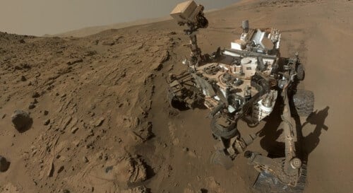 A "selfie" image of the Curiosity vehicle at the end of April 2014. The image was composed of dozens of images taken by the camera at the end of Curiosity's robotic arm. Photo: NASA