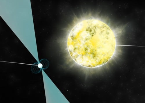 Artist's illustration of a white dwarf orbiting the pulsar PSR J2222-0137. It may be the coldest and dimmer white dwarf ever discovered. Figure: B. Saxton (NRAO/AUI/NSF)