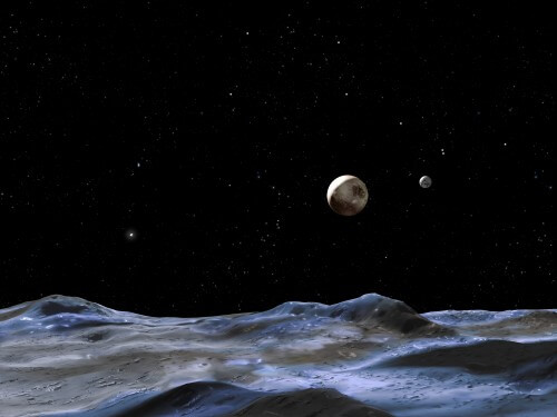 An artist's illustration shows Pluto and several of its moons as seen from the surface of one of the moons. Pluto is the large disc in the center. Charon is the smallest disk on the right. Figure: NASA, ESA and G. Bacon (STScI)