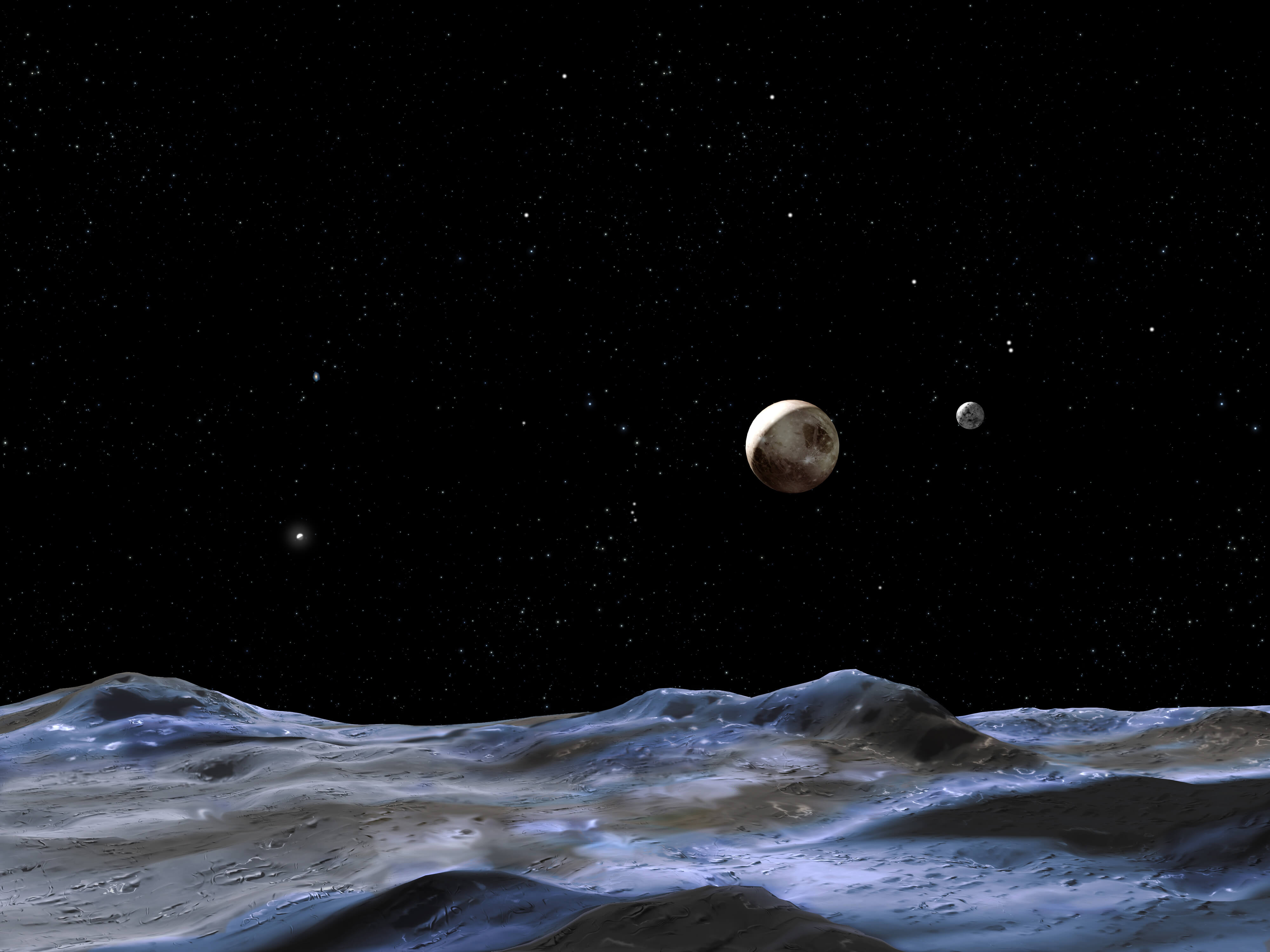 איור אמן מראה את פלוטו וכמה מירחיו כפי שהם נראים מפני השטח של אחד הירחים. פלוטו הוא הדיסקה הגדולה במרכז. כארון הוא הדיסקה הקטנה ביותר מימין. איור: NASA, ESA and G. Bacon (STScI)