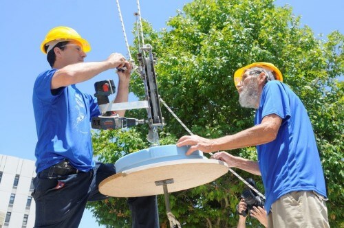 Yishai Zimmerman and Ronen Atzili with the space elevator in his son, which won first place in the Technorush competition. Photo: Sharon Tzur, Technion Spokesperson.