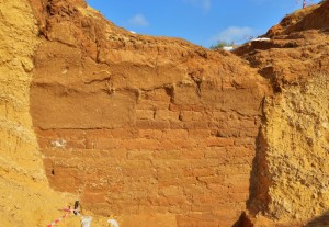 جزء من جدار القرميد من القرن الثامن قبل الميلاد والذي تم اكتشافه في موقع أشدود يام المصدر: الحفريات في أشدود يام، © 8