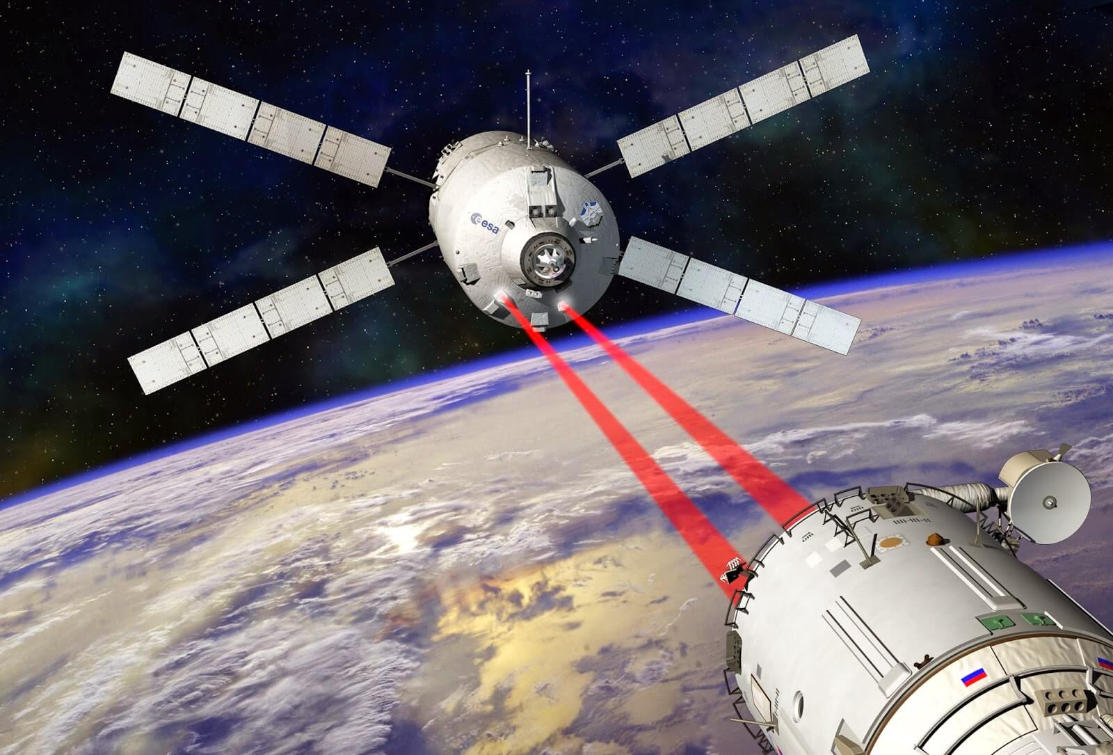 הדמיית אמן של החללית ATV-5 מתקרבת לעגינה אוטומטית בתחנת החלל. איור: סוכנות החלל האירופית ESA