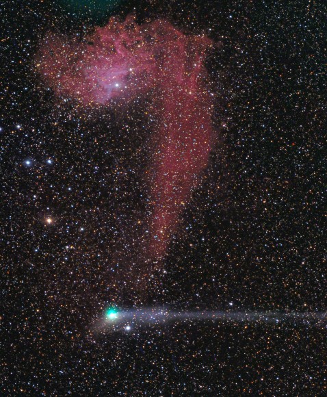 Comet Jacques and the Agalon Group Nebula IC 405, also known as the Burning Star Nebula, aligned and formed a temporary question mark in the sky on the morning of July 26. Photo: Rolando Lagostri