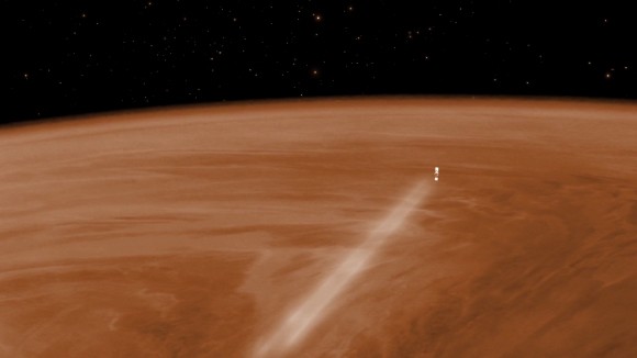Artist's illustration of Venus Expressors performing the air-braking maneuver in Venus' atmosphere in 2014. Figure: ESA-C. Carreau