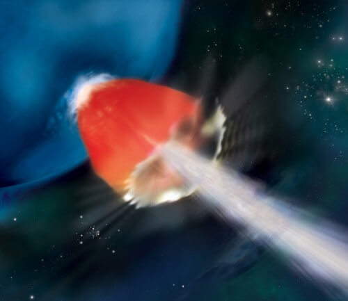 في هذه الصورة، لانفجار أشعة غاما المسمى GRB 130925A، يحيط غلاف من الغاز الساخن الذي ينبعث من الأشعة السينية (باللون الأحمر) بتدفق من الجسيمات (باللون الأبيض) يندلع من سطح النجم بسرعة قريبة من سرعة الضوء. وقد يكون هذا المصدر عبارة عن عملاق أزرق فقير بالمعادن، وهو تقريب جيد للنجوم الأولى التي تشكلت في الكون. الصورة: ناسا/سويفت/أ. سيمونيت، جامعة ولاية سونوما.