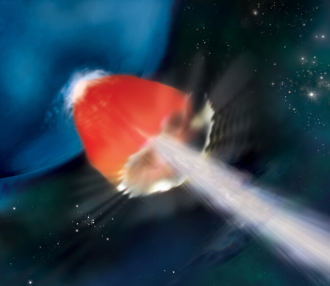 באיור זה, של התפרצות קרני גמא בשם GRB 130925A נדן של גז חם המפיץ קרני X (באדום) מקיף סילון חלקיקים (בלבן) המתפרץ מתוך פני השטח של הכוכב במהירות הקרובה למהירות האור. מקור זה עשוי להיות ענק כחול עני במתכות, קירוב טוב לכוכבים הראשונים שנוצרו ביקום. איור: NASA/Swift/A. Simonnet, Sonoma State Univ.
