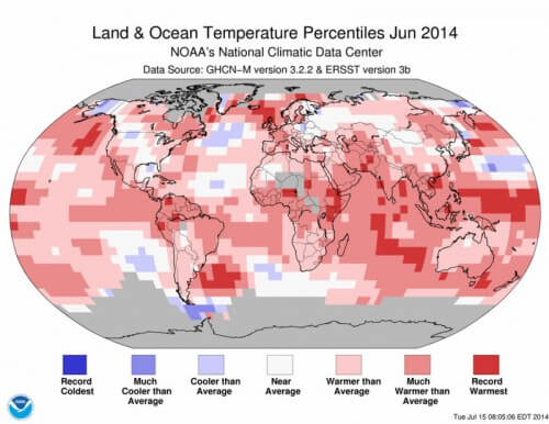 מידות החום ביוני 2014 בהשוואה לממוצע בחודש המקביל במהלך המאה ה-20. איור: NOAA