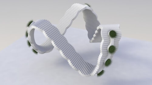 תיאור בעיני אמן של מולקולת מוביוס בעלת פיתול משולש בצורת מדרגות עבור אוניברסיטת  Kiel[זכויות יוצרים: Herges]