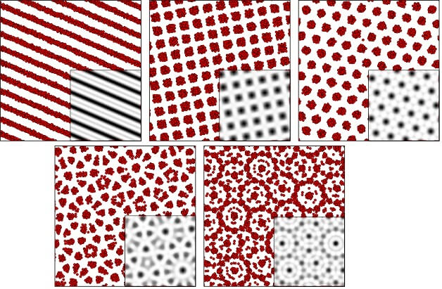 Illustration state: the molecules, which appear as red dots, crystallize into a structure that fully corresponds to the mathematical model, depicted in black and white, and form (from left to right, continue in the second row) crystals with rotational symmetry of 180, 90, 60, 36, and 30 degrees.